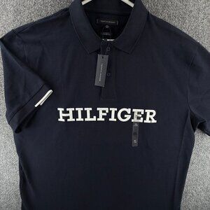 NWT Tommy Hilfiger Polo Shirt Blue White XL Big Logo Embroidered Spell Out Men